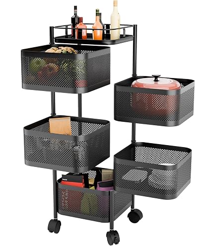Carrello Rotante A 5 Livelli In Acciaio, Nero - Organizzatore Per Cucina, Frutta, Verdura, Soggiorno, Con Ruote Girevoli