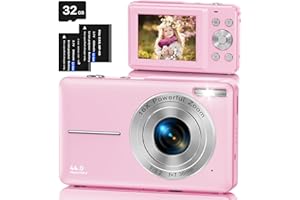 AOREGRE Macchina Fotografica Digitale con Scheda 32GB, 1080P 44MP Fotocamera Digitale Compatta con Zoom Digitale 16X Flash e 2 Batterie, Macchina Fotografica per Bambini, Adulti, Principianti (Rosa)