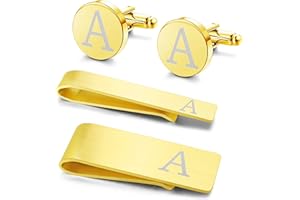Morfetto 4 Stück Edelstahl Manschettenknöpfe Krawattennadel Geldscheinklammer Set Initialen A-Z mit Geschenkbox für Trauzeuge Bräutigam Hochzeitsgeschäft