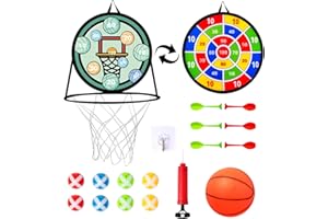 CIMOYBAI Bersaglio per freccette per bambini, con supporto da basket, bersaglio doppio lato con palline appiccicose, freccette, pallacanestro gonfiabile, agganciabile, per interni ed esterni, gioco di lancio