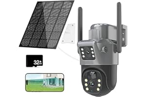 ODIKALA Double lentille Extérieure Caméra Surveillance sans Fil, WiFi Solaire, 4K HD 8MP PTZ Caméras de Surveillance, Détection Humaine Vision Nocturne Audio Bidirectionnel, Panneau Solaire+32G carte mémoire