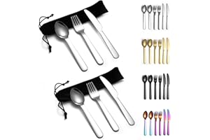 Evanda Campingbesteck 2 Pack, Include Messer Gabel Löffel, Edelstahl Reisebesteck mit schwarzer Tasche, für Outdoor, Picknick, Camping, Reisen, spülmaschinenfest