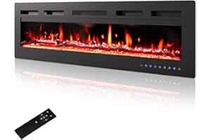 PURFINO Chimenea Eléctrica 50"/127cm – Llama 12 Colores & Crujido, 900W/1800W, Termostato Preciso (15-30°C), Pantalla Táctil & Mando – Ideal para Paredes Multimedia