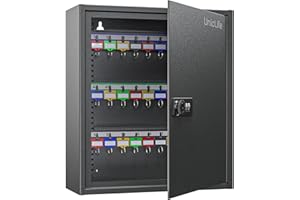 Uniclife 60 Position Key Cabinet with Combination and Key Lock Resettable Black Digital Security Storage Box Key Organizer with Adjustable Racks Colorful Key Tag Labels and Hooks