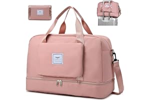 FIORETTO Womens Foldable Weekend Bag Overnight Hospital Bag with Shoes Compartment & Wet Pocket, Water Resistant Gym Bag Duffle Bag Travel Bag Holdall for Women Men Pink