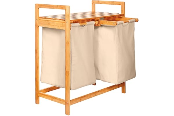 Lumaland Panier à linge en bambou avec 2 sacs à linge extensibles | Taille environ 73 cm de hauteur x 64 cm de largeur x 33 cm de profondeur, Couleur : Beige