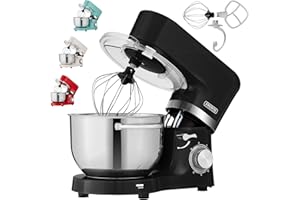 ‎AREBOS Arebos Küchenmaschine 1500W Schwarz | Knetmaschine mit 2x Edelstahl-Rührschüsseln 4,5 & 5,5L | Geräuscharm | Küchenmixer mit Rührhaken, Knethaken, Schlagbesen und Spritzschutz | 6 Geschwindigkeiten