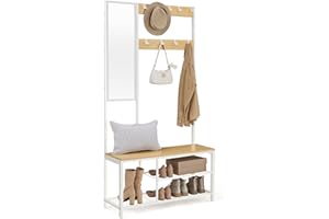 VASAGLE Appendiabiti, Mobile Ingresso con Ganci, Specchio, Panca Scarpiera e Ripiani, 36 x 98 x 185 cm, Corridoio Camera da Letto Salotto, Color Rovere e Bianco HSR050W09