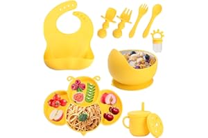 SOBEAU Piatti per bambini, set di posate per bambini da 10 pezzi, ciotola, bavaglino, cucchiaio, forchetta, tazza per bambini 2 in 1, tazza per merenda, tettarella per frutta (Giallo chiaro)