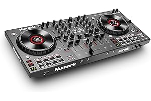 Numark NS4FX - 4-kanałowy DJ kontroler, dotykowe koła jog z wyświetlaczem, pady i efekty, wyjście booth i główne, w komplecie Serato DJ Lite