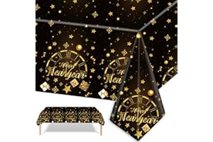 POPOYU Christmas Table Cloth Party Disposable New Year Tablecloths,Black Gold Table Covers,137*274CM Rectangle Large Plastic Tablecloth Party for Picnic,Baby Shower,Xmas Party,Christmas Table Decorations