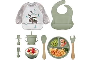 Tivifore Set Pappa per Bambini, Set da 9 Pezzi Svezzamento Set, Silicone Piatto con Ventosa Ciotola Cucchiaio Forchetta Bavaglino, Training Esercitarsi A Mangiare Da Soli, Set Pappa Svezzamento