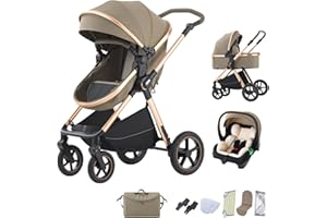 BEBBY passeggino trio, combinazione passeggino 3 in 1 cittadino con passeggino portatile con neonato pieghevole di lusso con modello ad alta vista (D2-LIGHT BROWN, H2-D)