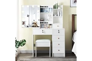 Puselo White Dressing Table Vanity Table with Mirror and Stool Makeup Vanity Table with Lights and Drawers,Cushioned Stool,Vanity Desk for Women Girls Bedroom (Modern 06)