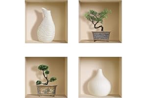 The Nisha Art Adesivi 3D Magici da Muro in Vinile Sticker Decalcomania Fai-da-Te, Set da 4, Vaso bianco e bonsai verde