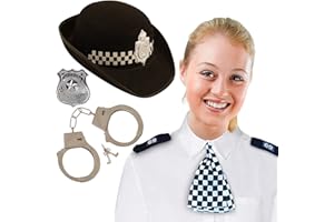 Mega_Jumble® British WPC Police Cop Women Cop Uniform Naughty Police Hat, Scarf, Epaulettes, Handcuff & Metal Badge POLICE WOMAN 5 PCS SET