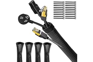 UPXDUMI Cable Tidy Zip Sleeve for PC/TV, 20mm - 2.4m Desk Cable Management Organisers, Wire Tidy Loom Tube Cord Cover Protector with 20 PCS Reusable Cable Ties for Home, Office, 2*(50CM+70CM), Black