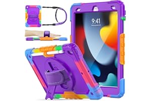 SEYMAC stock iPad 9th/8th/7th Generation Case Kids, iPad 10.2 Inch Shockproof Case with 360 Rotating Hand Strap/Stand/Screen Protector/Pencil Holder for iPad 9/8/7 Gen 2021/2020/2019 (Camo+Purple)