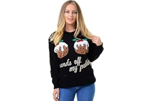 GirlzWalk ® Women Xmas Knitted Hands Off My Puddings Funny Two Cupcakes Christmas Jumper