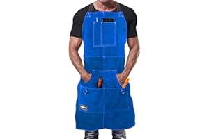 DIMWELD Mandil de Soldador Premium de Cuero Protector para Hombre. Delantal de Herrero Termico Ignifugo para Soldadura en Taller con 6 Bolsillos para Herramientas