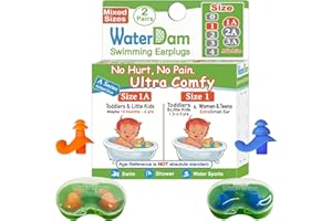WaterDam Tapones para los oídos de natación, ultra cómodos, impermeables, para evitar los oídos del nadador (tamaño 1A+1: niños pequeños de 10 a 6 años y orejas extra pequeñas, para mujeres y