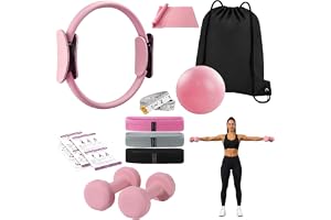 Relaxdays Pilates-set, 11 delar, färgval | Ring, boll, 4 motståndsband, 2 hantlar, väska, pump, måttband, pilatestillbehör fö