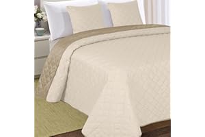 EUROMAT Tagesdecke Steppdecke Bettüberwurf Gesteppte Zweiseitig Tagesdecke mit 2 Kissenbezüge 40x40 cm- (Beige Cappuccino Ecru- 10, 220x240 cm)