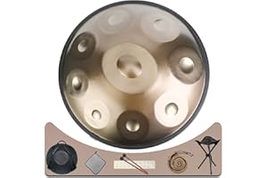 Eavnbaek Handpan bęben D-moll 440 Hz 9 nut 56 cm stalowy bęben ręczny, ręczny instrument bębnowy z miękką torebką, 2 młotkami ręcznymi, stojakiem na patelnię i bezpyłową szmatką (złoty)