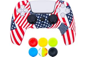 9CDeer 1 Piece of Silicone Transfer Print Protective Thick Cover Skin + 6 Thumb Grips for Playstation 5 / PS5 Controller American flag