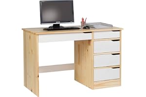 IDIMEX Schreibtisch Hugo aus massiver Kiefer in Natur/weiß, schöner Schülerschreibtisch mit 5 Schubladen, praktischer Bürotisch mit Querstrebe für Stabilität