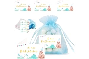 Dolplp! 50pz Sacchetti Battesimo Bomboniere Confetti+50pz Bigliettini Battesimo Personalizzata+100pz Sacchetti Plastica Portaconfetti Addobbi Decorazione Regalo Battesimo Bimbo Bambino