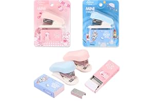 JYJLLM 2 Sets Mini Easy Desktop Stapler, Standard 24/6 Staples, Including Built-in Stapler Remover, Cute Stapler Gift Suitable for Students and Office Use, Black and White (Pink and Blue)
