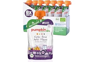 ‎PUMPKIN ORGANICS Bio Quetschie Kürbis, Birne, Apfel, Pflaume, Hafer, Zimt & Rapsöl - Gemüsepüree, Fruchtmus und Getreide für Babys ab dem 8. Monat. Recycelbarer Quetschbeutel, 8er Pack (8x100g)