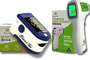 BIEN&TOI Oxymètre de doigt professionnel + thermomètre frontal adulte/bebe/enfant, sans contact, mesure corps et surface, écran à LED, sac de transport/piles incluses/notice en Français