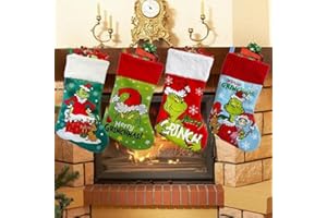 OIMAIK 4 medias de Navidad personalizadas, medias de Navidad Grinchs, decoración del árbol de Navidad, bolsa de regalo de calcetín de Navidad de Grinch de punto, adorno colgante de chimenea, decoración de