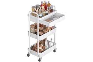 Dttwacoyh, 1 Stück 3 Tier rollwagen mit schubladen, servierwagen mit Rollen, schönheit und Haar kunststoffschale, metallrohr und metallräder rollwagen, servierwagen für, Wohnzimmer, küche, weiß