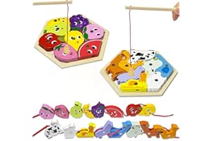 Kulveanju Giochi Montessori 2 Anni, 3 in 1 Gioco Pesca, Frutti Animali Magneti, Perline di Legno Giocattoli, Puzzle, Educativi Giochi Legno Interattivi Regalo Bambina Bimbo 3 4 5 6 Anni