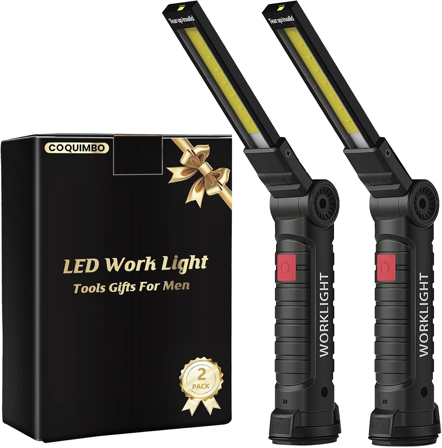 Coquimbo Regalo Hombre Linterna Taller LED Recargable, Linterna Portátil de Trabajo Lámpara de Inspección con Magnética Base y Gancho para Taller Cámping Emergencia(2 Piezas, Negro)