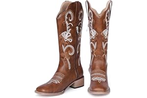 NeelyRisey Damen Bequeme Cowboystiefel Niedriger Absatz Westernstiefel Bestickt Cowgirl Stiefel Pull on Mid Calf Mexikanische Stiefel Braun 35