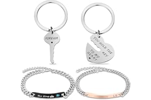 TATUO 2 Pieces Couple Key Chains Include You Hold The Key to My Heart and Forever Key Chain, 2 Pieces Couple Bracelets Include His Queen and Her King Bracelet for Christmas Valentines Day Presents