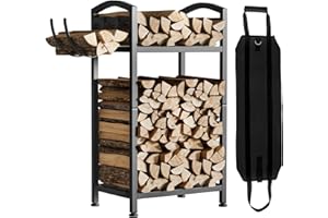 Yorbay Kaminholzregal Innen Metall Klein: Brennholzregal Doppelschicht mit Haken und Kaminholztasche - Schwarz Robustes Holzregal für Kamin - aussen Kaminholz Aufbewahrung für Brennholz