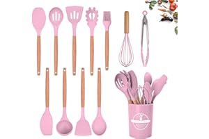 FIOUSY Kitchen Utensil Set, 12 PCS Silicone Cooking Utensils Set with Wooden Handle, Heat Resistant, Nonstick Cookware Tongs Spatula Spoon Set, Dishwasher Safe, Best Kitchen Tools (Pink)