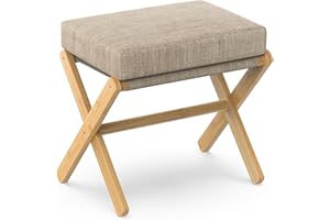 ‎BAMBOOHOMIE BAMBOOHOMIE Makeup Eitelkeit Hocker, Faltbarer Fußhocker mit Bambus X Beinen, Ottoman Fußstütze Stuhl für Vanity, Moderne Fußhocker klein gepolstert für Wohnzimmer (Natürlich - Braun)