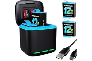 HONGDAK Akkus für Gopro Hero 12/11/10/9 Dreifach-Ladegerät und Akku-Aufbewahrungsbox mit 3 Kanälen Ladegerät mit 2 Akkus Akkufach Kompatibel mit GoPro Hero 9 10 11 12 Offiziell