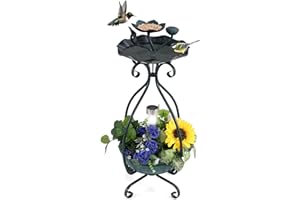 GYMAX Mangeoire Solaire pour Oiseaux d'Extérieur, Bain pour Oiseaux avec Lumière Solaire LED, Jardinière Inférieure à Fleurs, Cadre Métallique, Décoratif Vintage pour Jardin, Pelouse, Patio (Bronze)