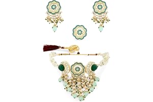 Zaveri Pearls Turquoise Blue & Green Meenakari Cascading Waterfall Beads Necklace Earring & Ring Set For Women-ZPFK14607