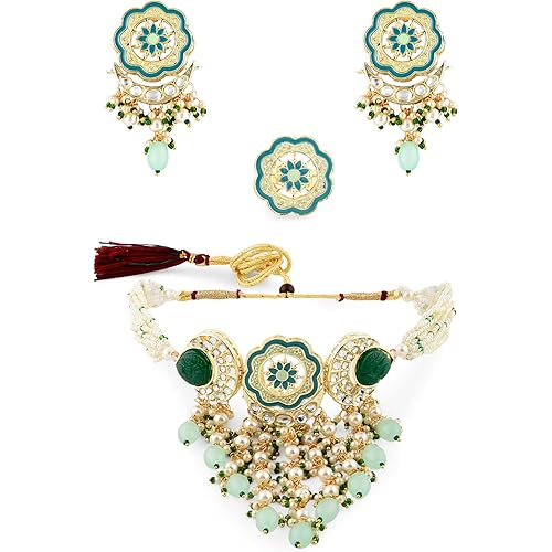 ZAVERI PEARLS Turquoise Blue & Green Meenakari Cascading Waterfall Beads Necklace Earring & Ring Set For Women-ZPFK14607