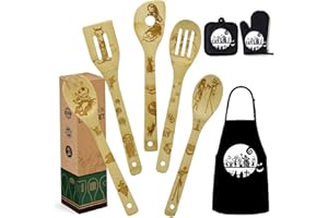 MOODLAMP Christmas Nightmare Gift for Women Wooden Cooking Spoons Bamboo Kitchen Cooking Utensils Set with Apron Oven Mitt Potholder