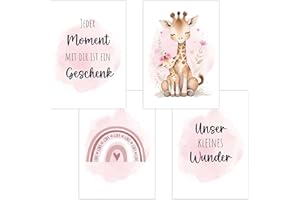 POLYMEDIA 4er Set Baby DIN A4 Bilder mit Giraffe, Regenbogen und Sprüchen, Poster mit Tiermotiv für Babyzimmer, 200g/m² Papier, Kinderzimmer Wanddeko, für Bilderrahmen, Dekoration für Jungen & Mädchen, Rosa