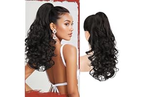 Sofeiyan Ponytail Queue de Cheval Postiche Naturel 43 cm Bouclée avec Pince, Extension Cheveux Synthétiques Ondulés Rajout Léger pour Femmes, Noir Marron